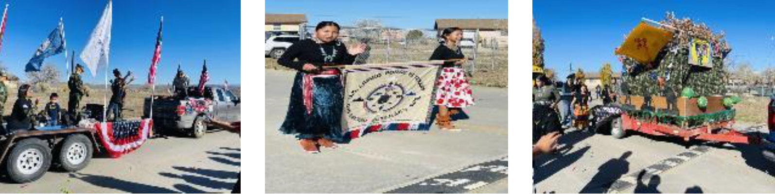 Children and adults sit on a decorated parade float during a Veterans Day event.